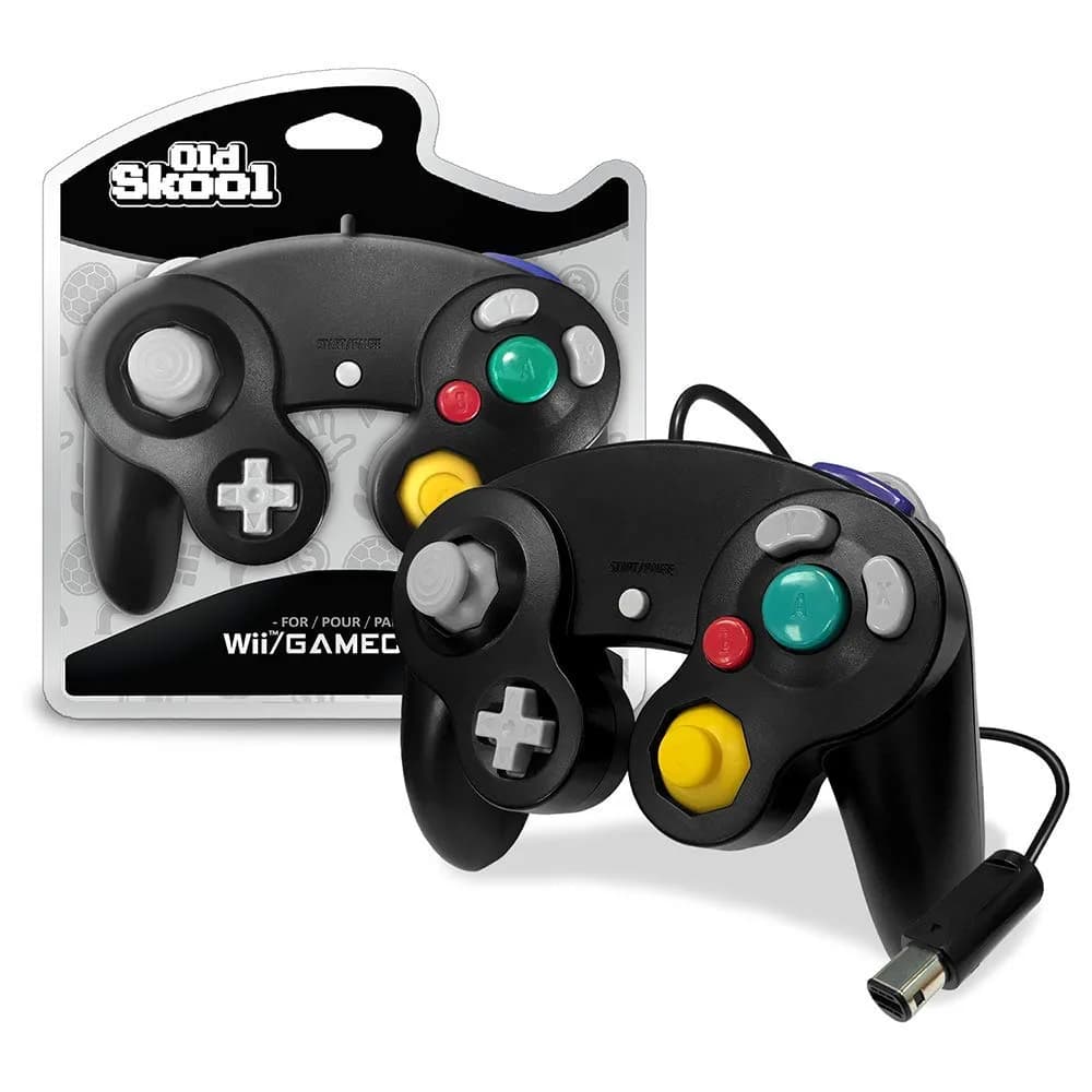 Old Skool Silver Wired Controller Compatible with GameCube/Wii | 1.8m Cable, Rumble Vibration — Black