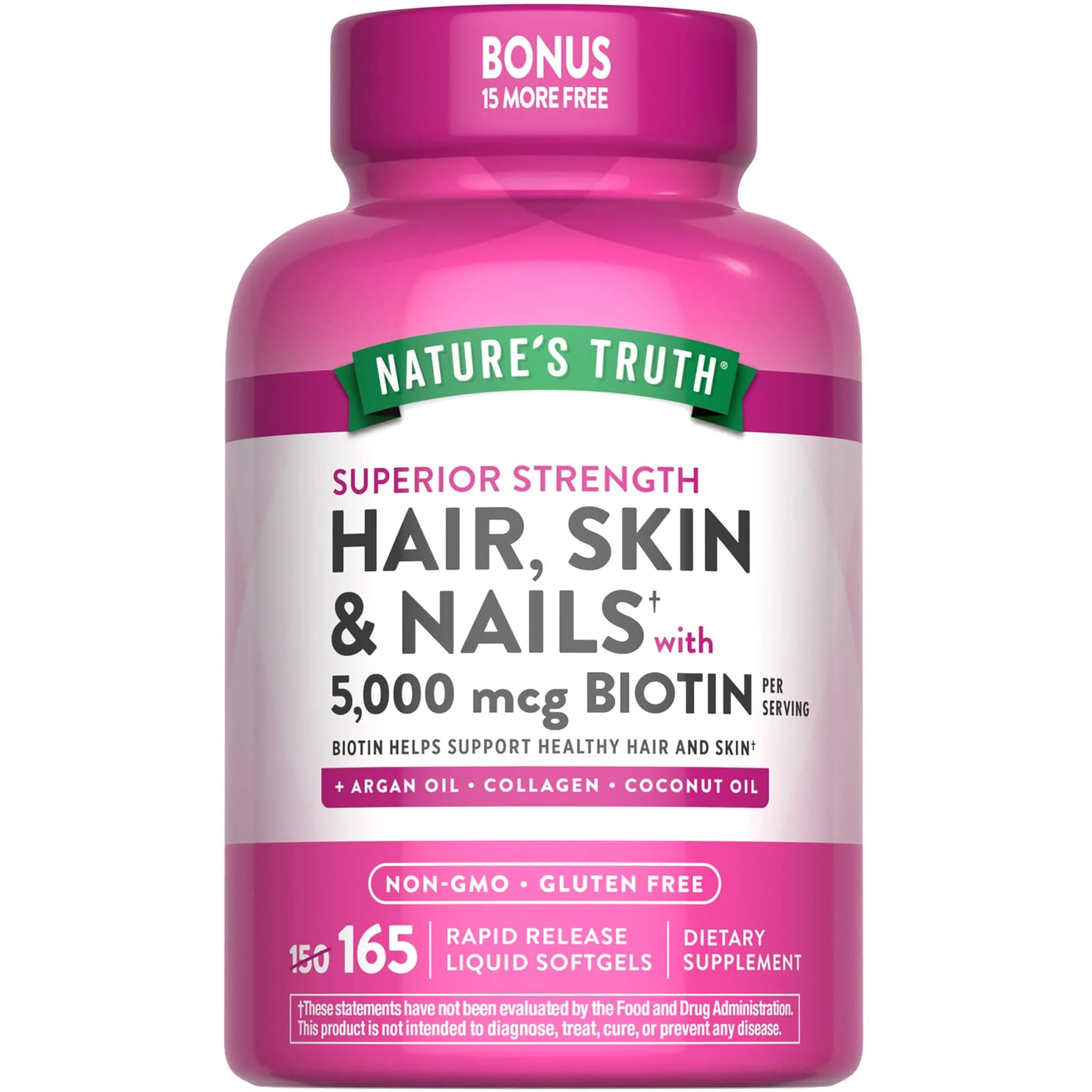 Nature's Truth Hair, Skin & Nails Vitamin | 5000 mcg Biotin | 165 Softgels | Supports Hair & Nail Growth - main product image