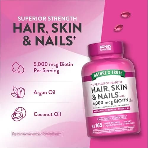 Nature's Truth Hair, Skin & Nails Vitamin | 5000 mcg Biotin | 165 Softgels | Supports Hair & Nail Growth thumbnail 5