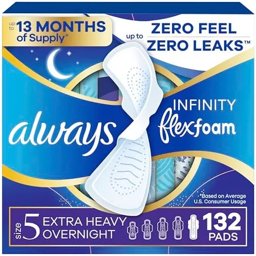 Always Infinity Feminine Pads with FlexFoam, Size 5 Extra Heavy Overnight, 132 Count (6 Packs of 22) | Dermatologically Tested by Skin Health Alliance thumbnail 1