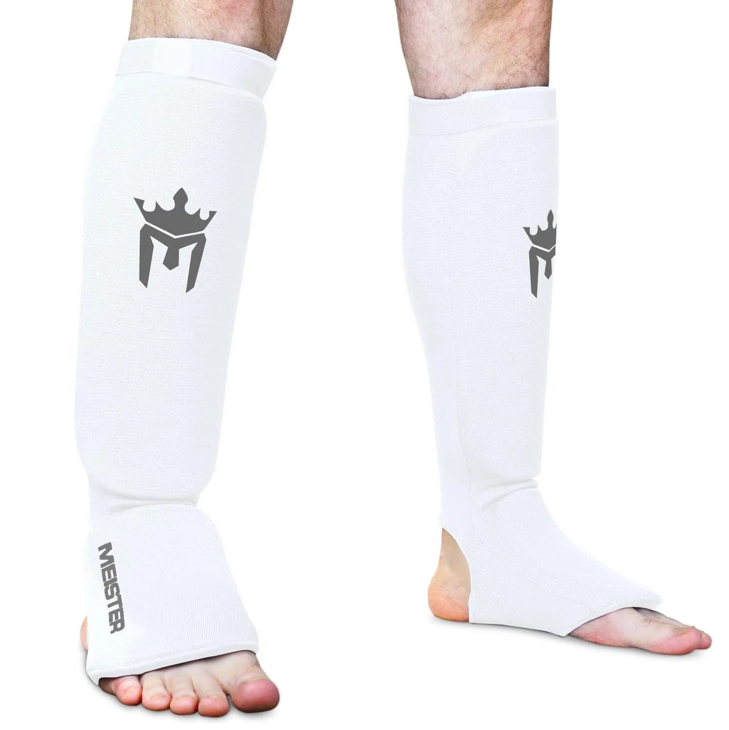 Meister MMA Elastic Cloth Shin & Instep Padded Guards - White - S/M | Impact Protection for Muay Thai & MMA — White