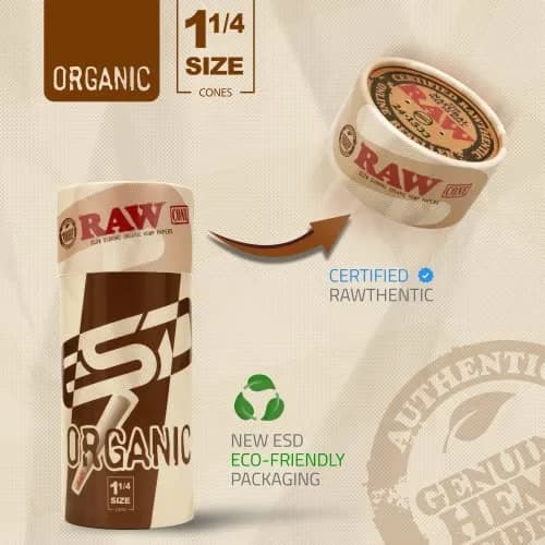 RAW Organic Cones 1-1/4 Size | 50 Pack | Pre Rolled Rolling Papers with Tips | 83mm Length thumbnail 4