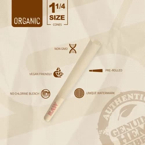 RAW Organic Cones 1-1/4 Size | 50 Pack | Pre Rolled Rolling Papers with Tips | 83mm Length thumbnail 3