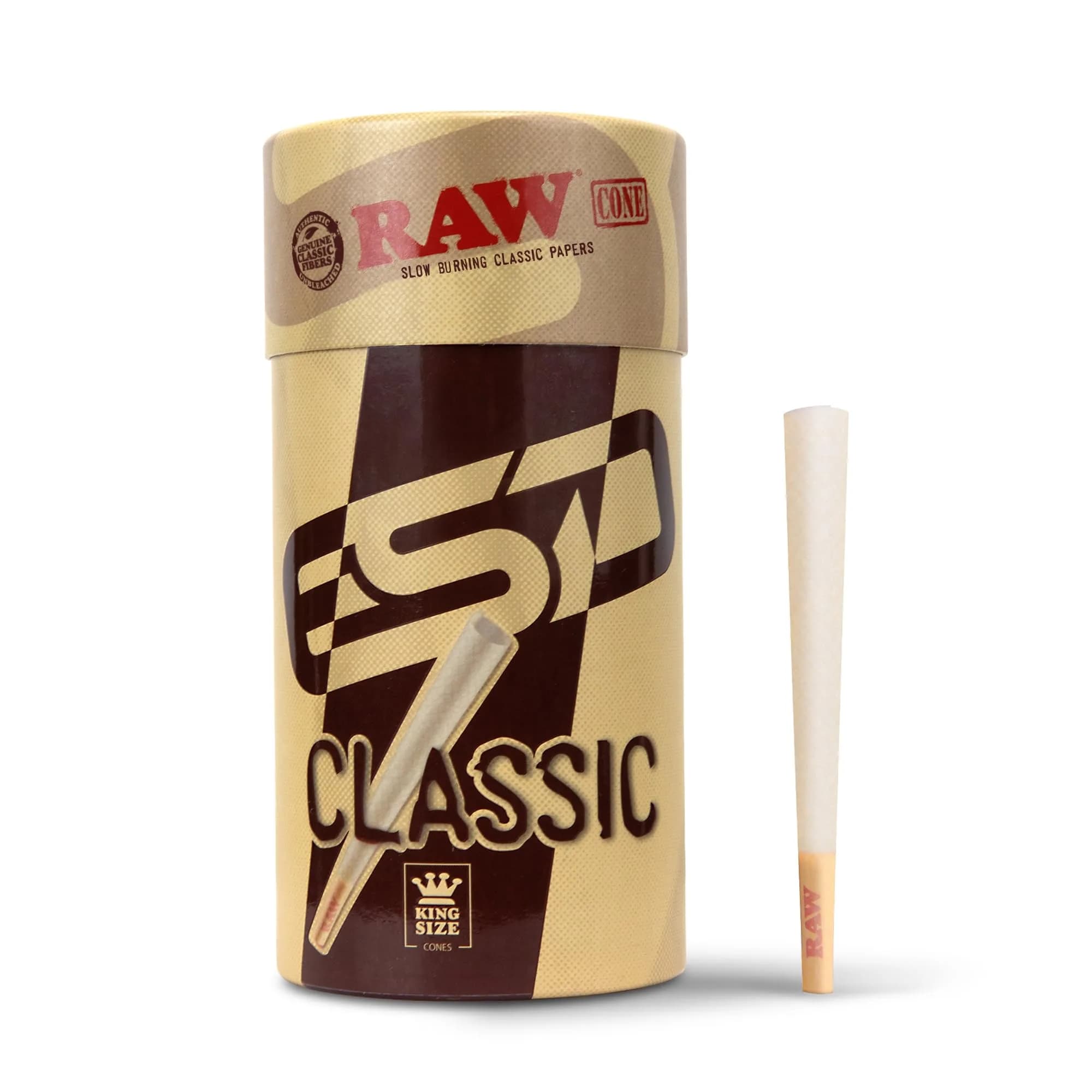 RAW Classic King Size Pre-Rolled Cones 100 Count | Slow Burning Unbleached Fibers with Tips