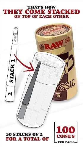 RAW Classic King Size Pre-Rolled Cones 100 Count | Slow Burning Unbleached Fibers with Tips thumbnail 2