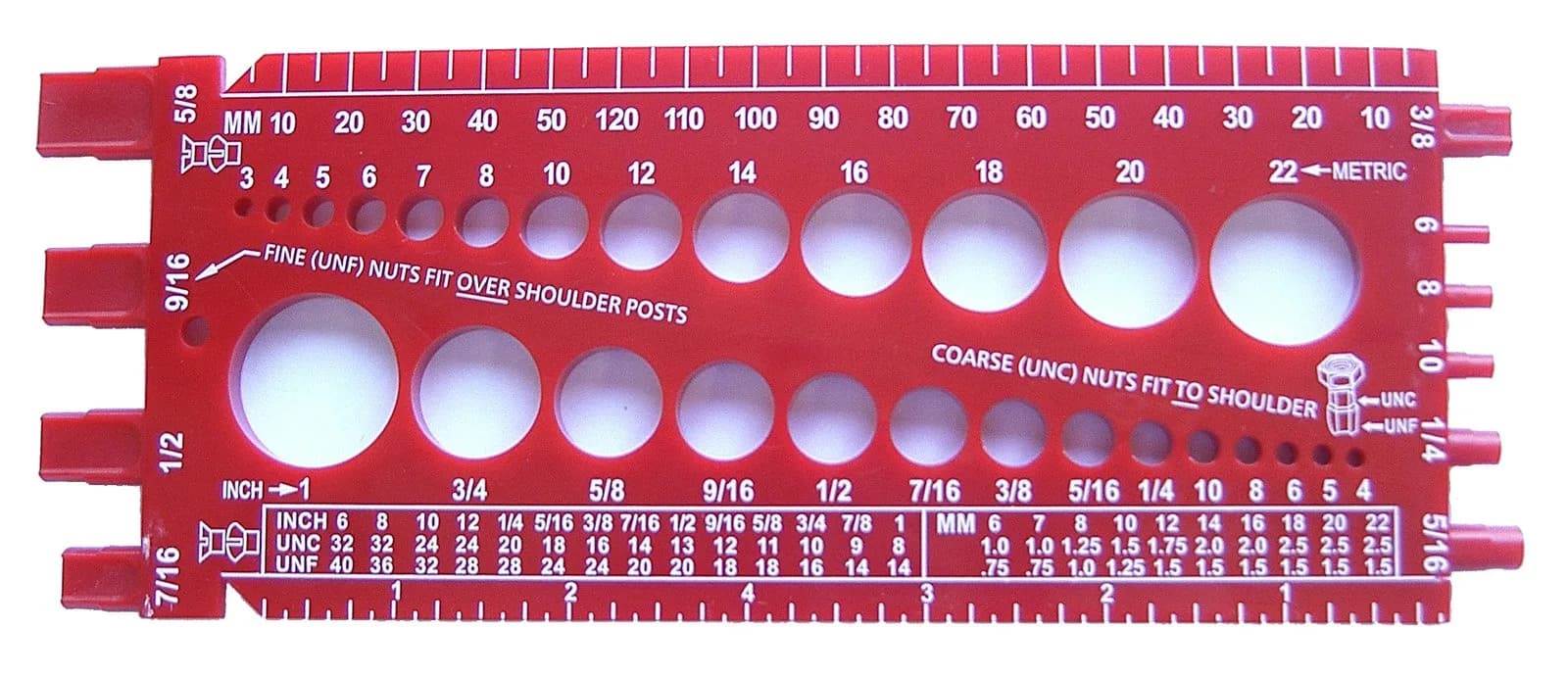 Stainless Town Nut Bolt Thread Gauge (Red) - Measures Diameter, Thread Pitch & Length - Fractional #4 to 1" & Metric 3mm to 22mm