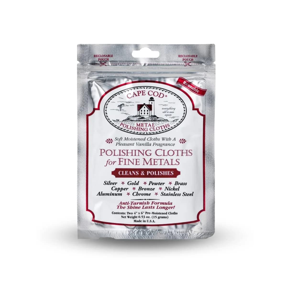 Cape Cod Metal Polishing Cloths for Fine Metals | Jewelry Cleaner & Tarnish Remover | 2 Cloths (4x6 Inch Each) | Vanilla Scent - main product image
