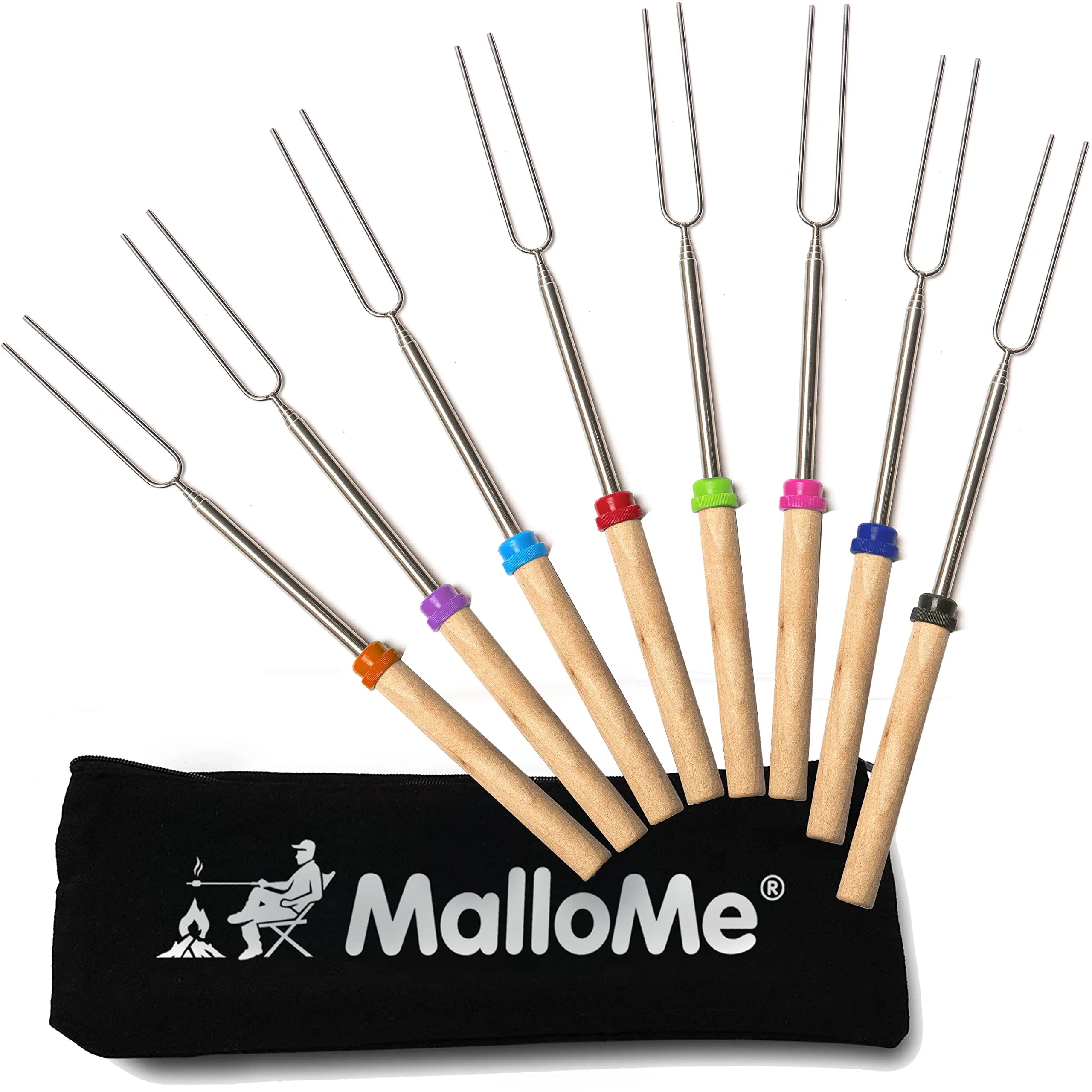 MalloMe 32" Telescoping Marshmallow Roasting Sticks (5 Pack, Silver) | Heavy Duty Stainless Steel Forks for Campfire Cooking — 8 Fork Set w/ Storage Bag