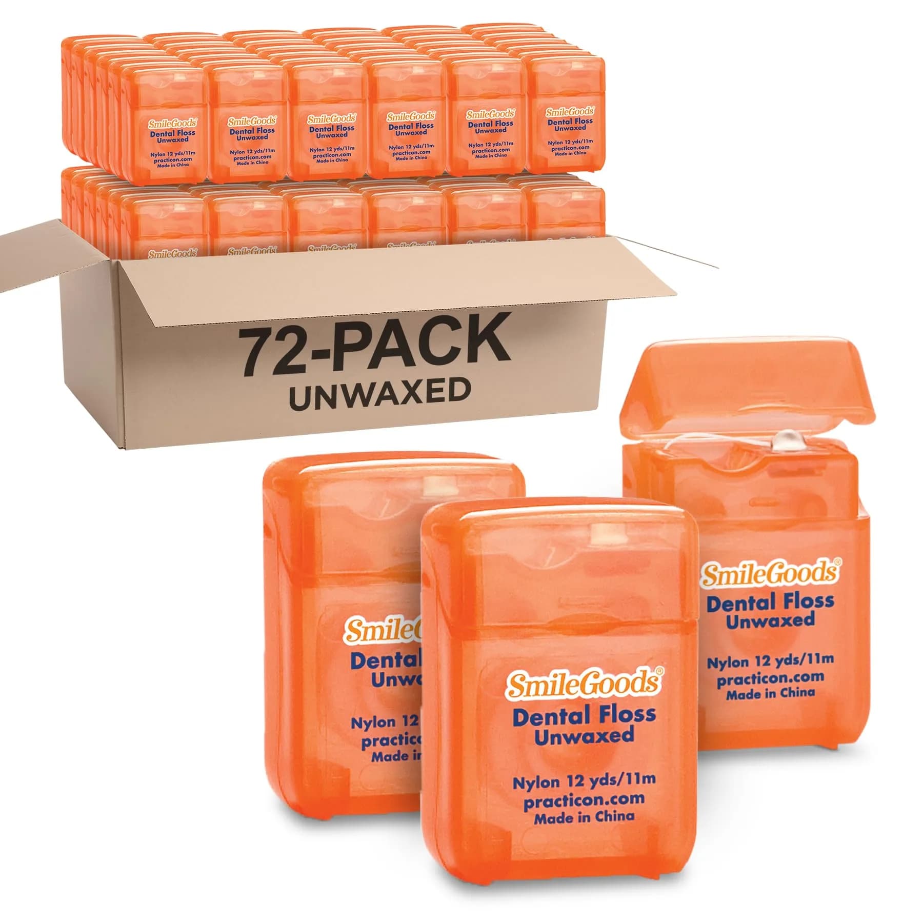 Practicon Unwaxed Dental Floss 12 yards | Bulk Pack of 72 for Professional Oral Care