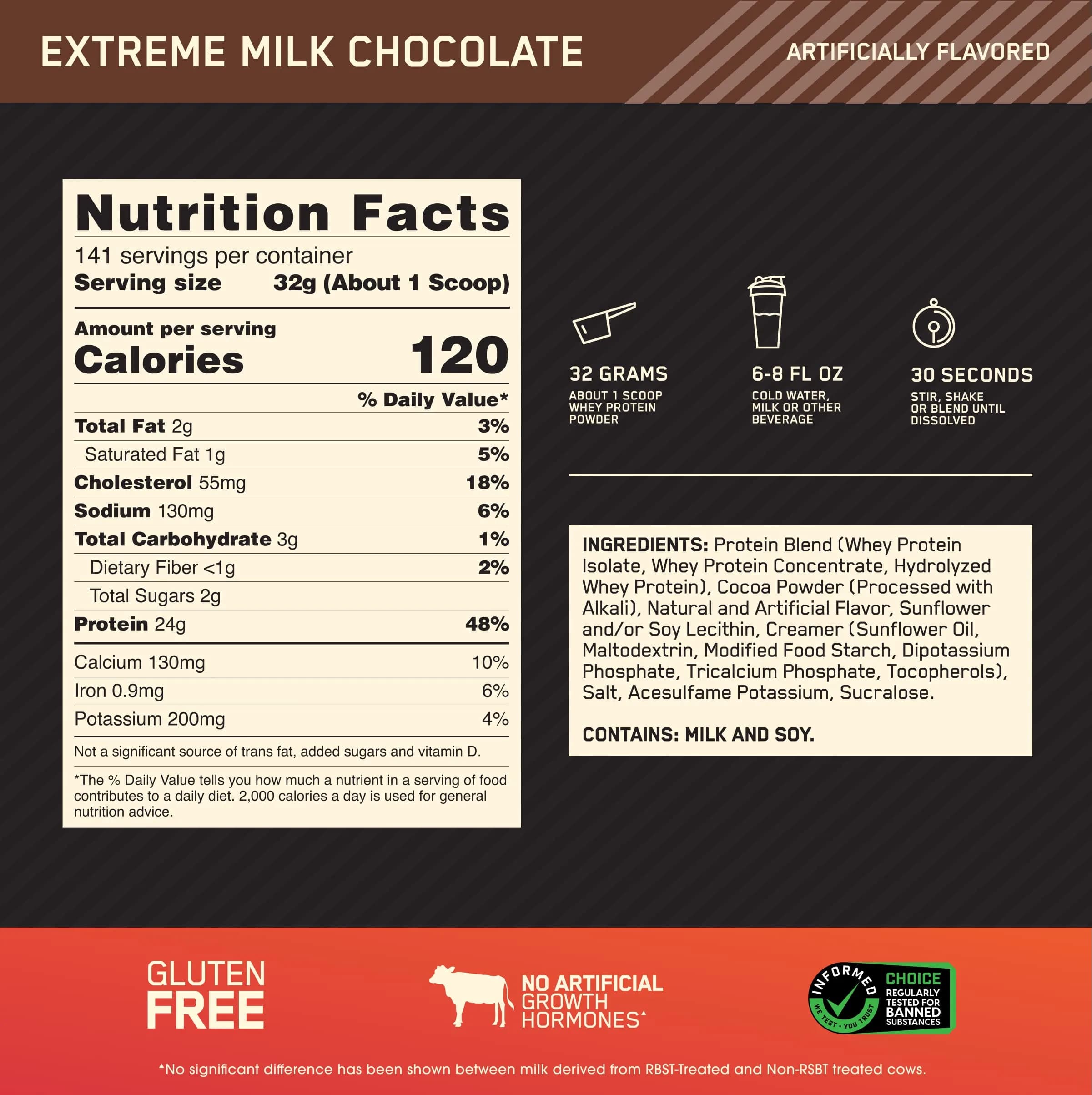 Optimum Nutrition Gold Standard 100% Whey Protein Powder, Extreme Milk Chocolate, 10lb (4.54kg) thumbnail 3