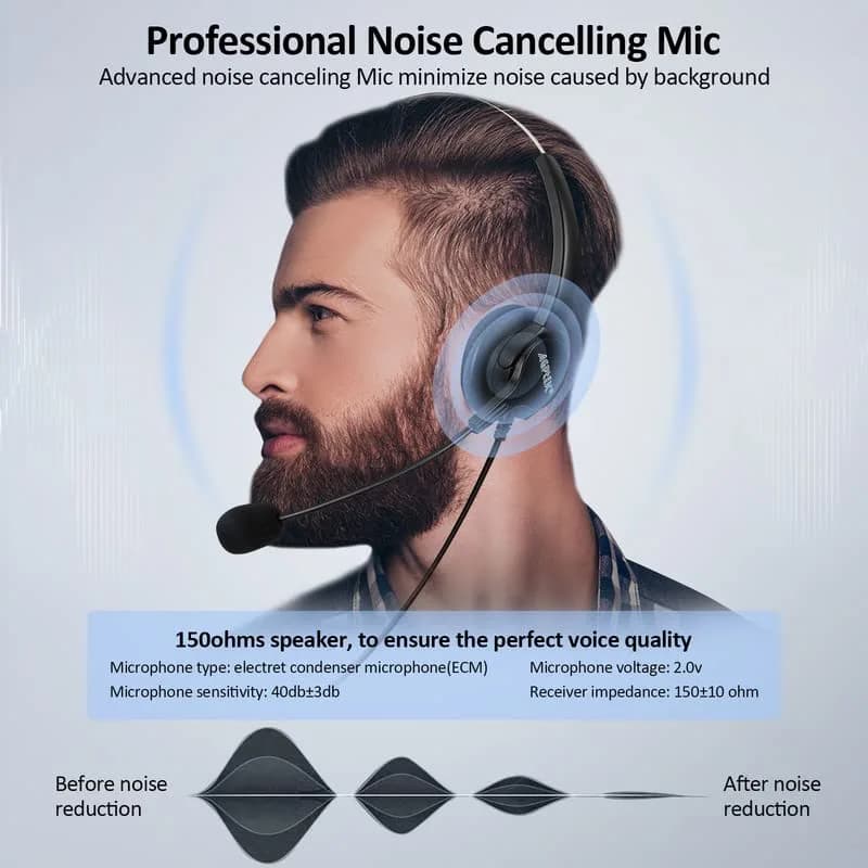 AGPTEK Noise Cancelling Corded Monaural Headset with Flexible Mic & RJ9 Connector | 19cm (7.5in) Length thumbnail 9