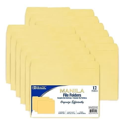 BAZIC Products Manila File Folders 1/3-Cut Letter Size 12-Pack | Durable Paper Stock for Office, School, Home thumbnail 1
