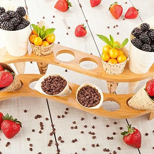 Restaurantware 12 Slot Curved Natural Bamboo Cone Stand, Multi-Level, 1 Ct | Rustic Food Display for Cones thumbnail 3