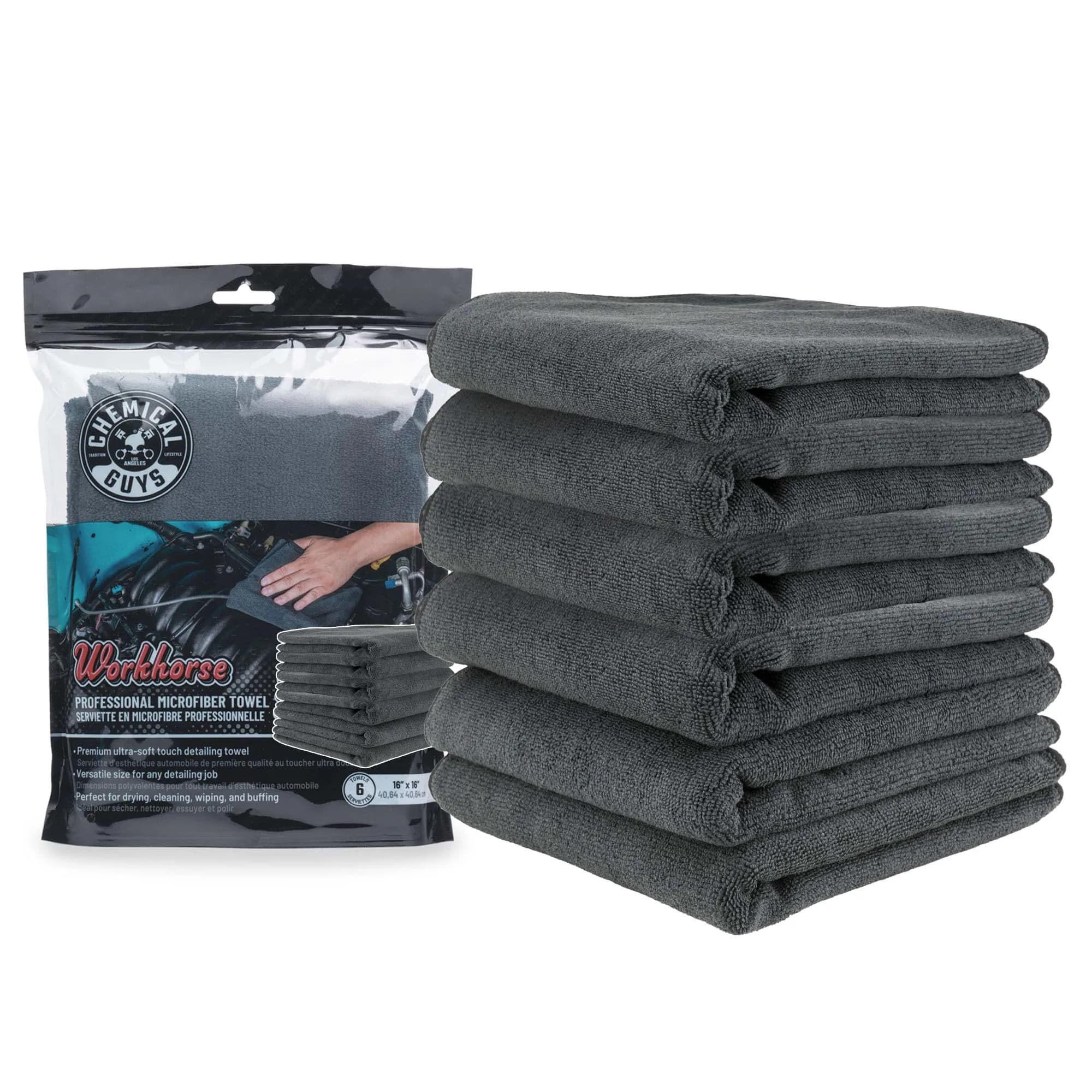 Chemical Guys Workhorse Plush Microfiber Towels 16 x 16 in | Scratch-Free, Ultra-Absorbent, Durable, Versatile (70-120 chars) — Black