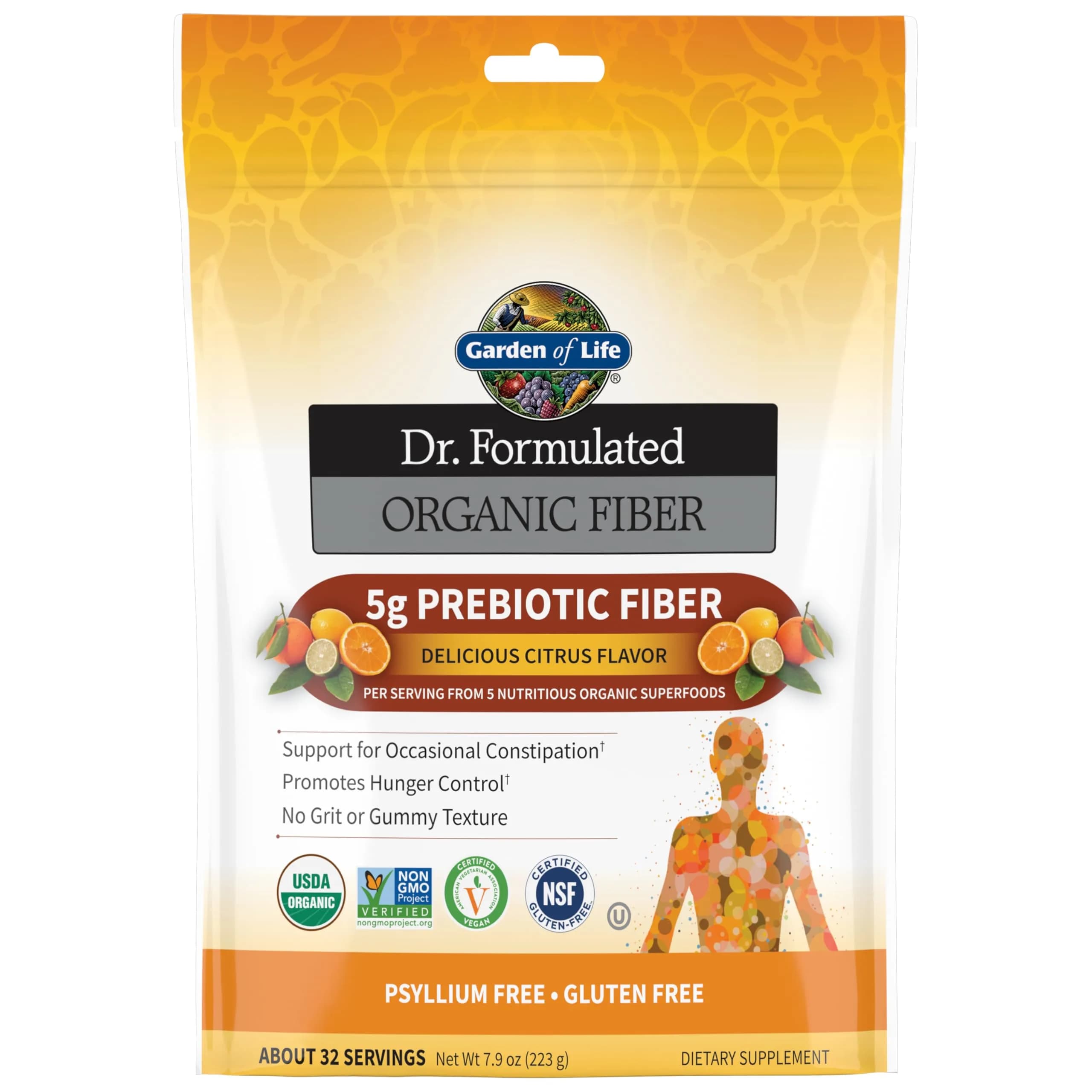 Garden of Life Dr. Formulated Organic Fiber Powder Citrus 7.9oz (224g) | USDA Organic Prebiotic Superfood Fiber Supplement - main product image