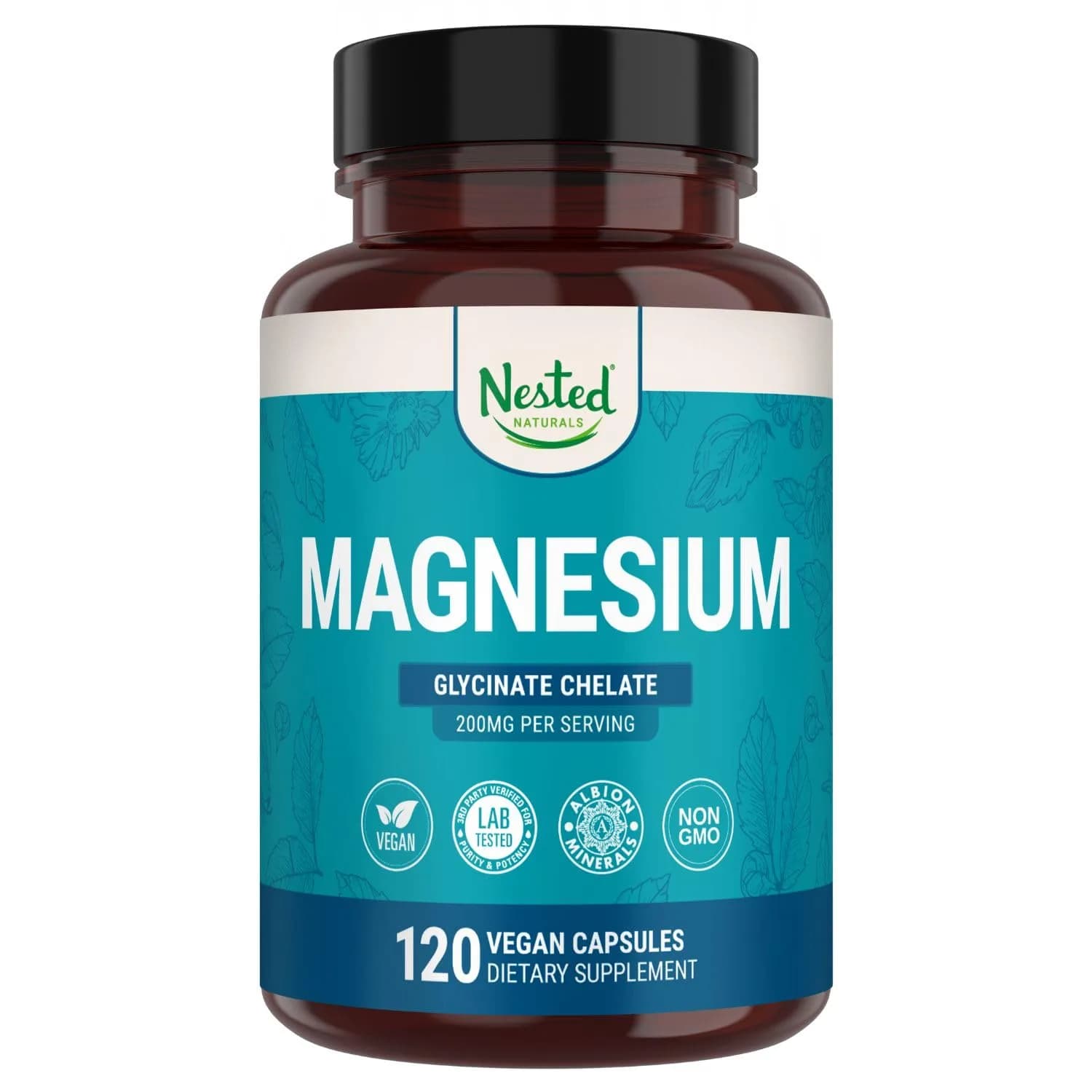 Nested Naturals Magnesium Glycinate Chelate - 200mg Chelated Magnesium Supplement for Muscle Cramps, Relaxation, & Sleep Support - 120 Vegan Capsules - main product image