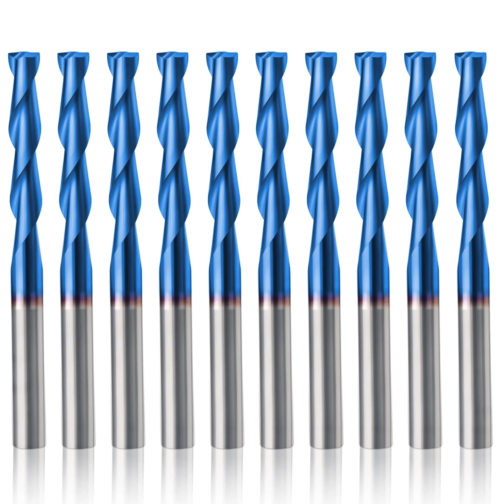 HQMaster 1/8" Shank CNC Router Bits 2 Flute Upcut End Mill 10pcs | 3.175mm Carbide for Wood PVC Acrylic — 1/8"CED x 1/8"SD x 11/16"CEL x 1-1/2"OAL
