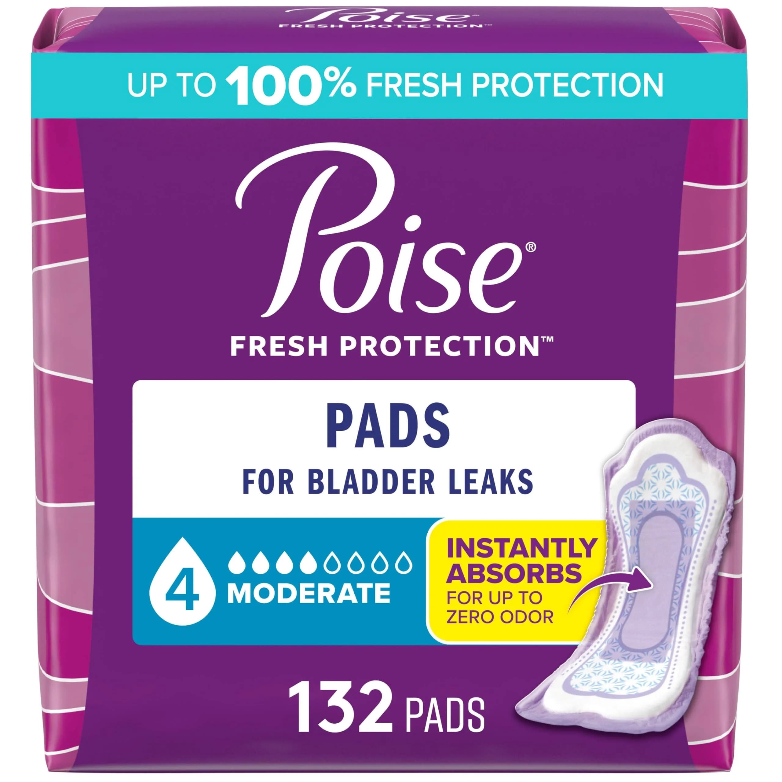 Poise Incontinence Pads for Women, 4 Drop Moderate Absorbency, 132 ct | Dermatologist Tested for Sensitive Skin - main product image