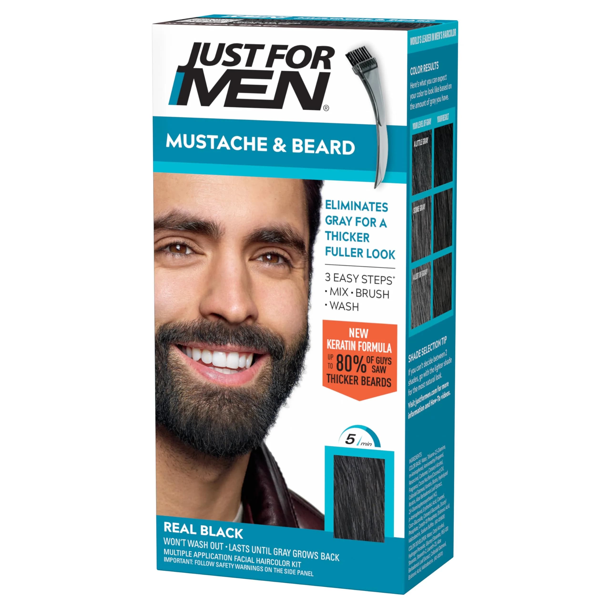 Just For Men Mustache & Beard Dye, Real Black M-55 | Ammonia-Free Gel for Coarse Facial Hair
