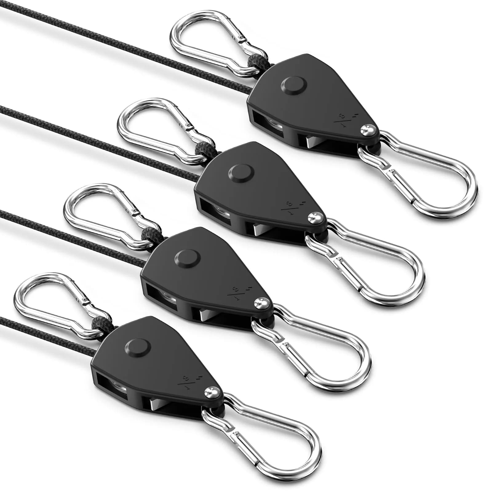 VIPARSPECTRA 1/4" Heavy Duty Ratchet Tie Down Straps, 12FT Rope Hangers (4-Pack, Black) | 150 lbs WLL Per Ratchet — 1/8"