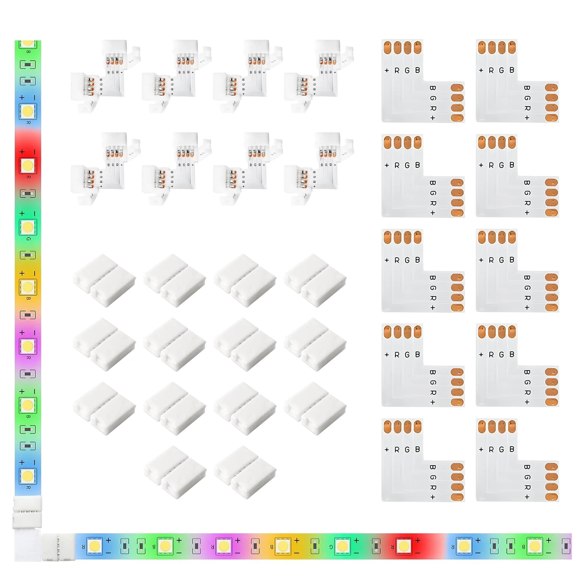 JACKYLED 20Packs 10mm 4-Pin LED Connectors with Clips & L Shape, 22pcs for Strip Lights | Support 72W - main product image