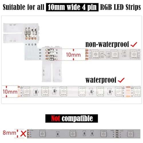 JACKYLED 20Packs 10mm 4-Pin LED Connectors with Clips & L Shape, 22pcs for Strip Lights | Support 72W thumbnail 4