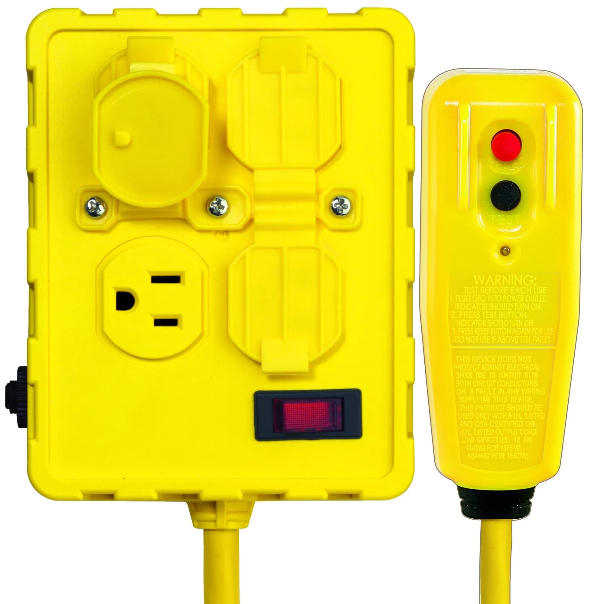 Tower Power Strip 6 Feet Yellow | Auto-Reset GFCI with 4 Outlets, Right Angle, 125V - main product image