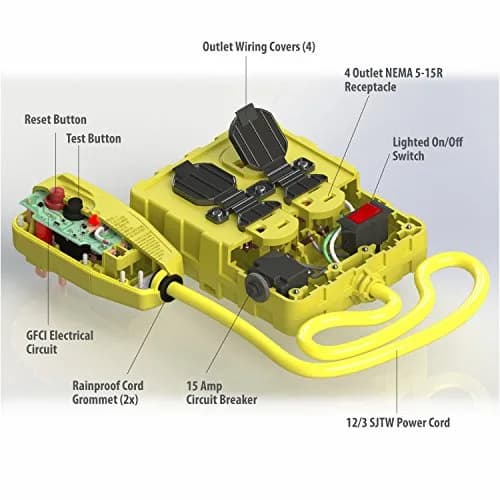 Tower Power Strip 6 Feet Yellow | Auto-Reset GFCI with 4 Outlets, Right Angle, 125V thumbnail 4