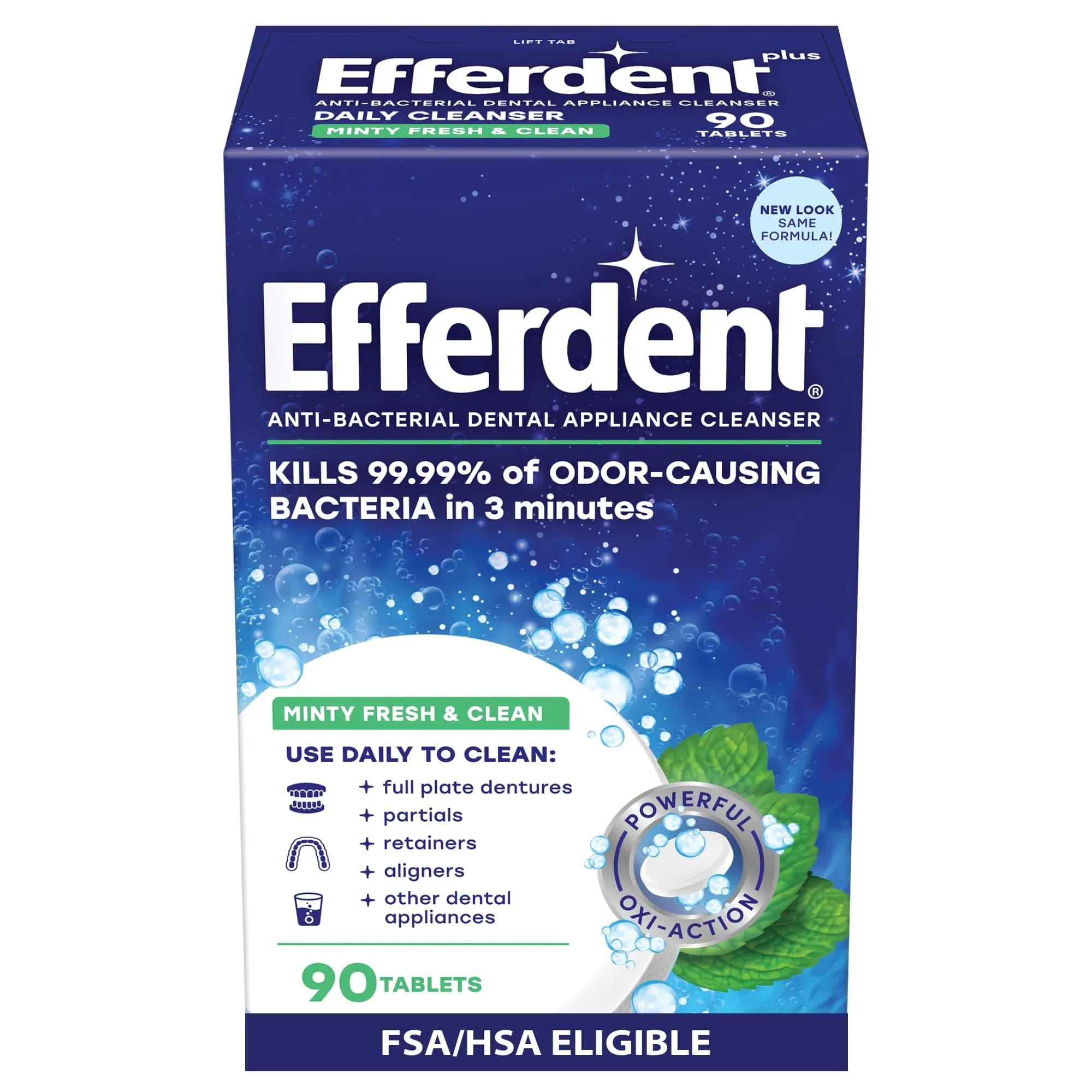 Efferdent Minty Fresh & Clean Denture Cleaner Tablets 90 Count | Kills 99.99% Bacteria