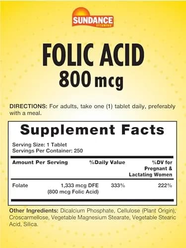 Sundance Folic Acid 800 mcg | 250 Vegetarian Tablets | Essential B-Vitamin for Pregnancy & Wellness thumbnail 2