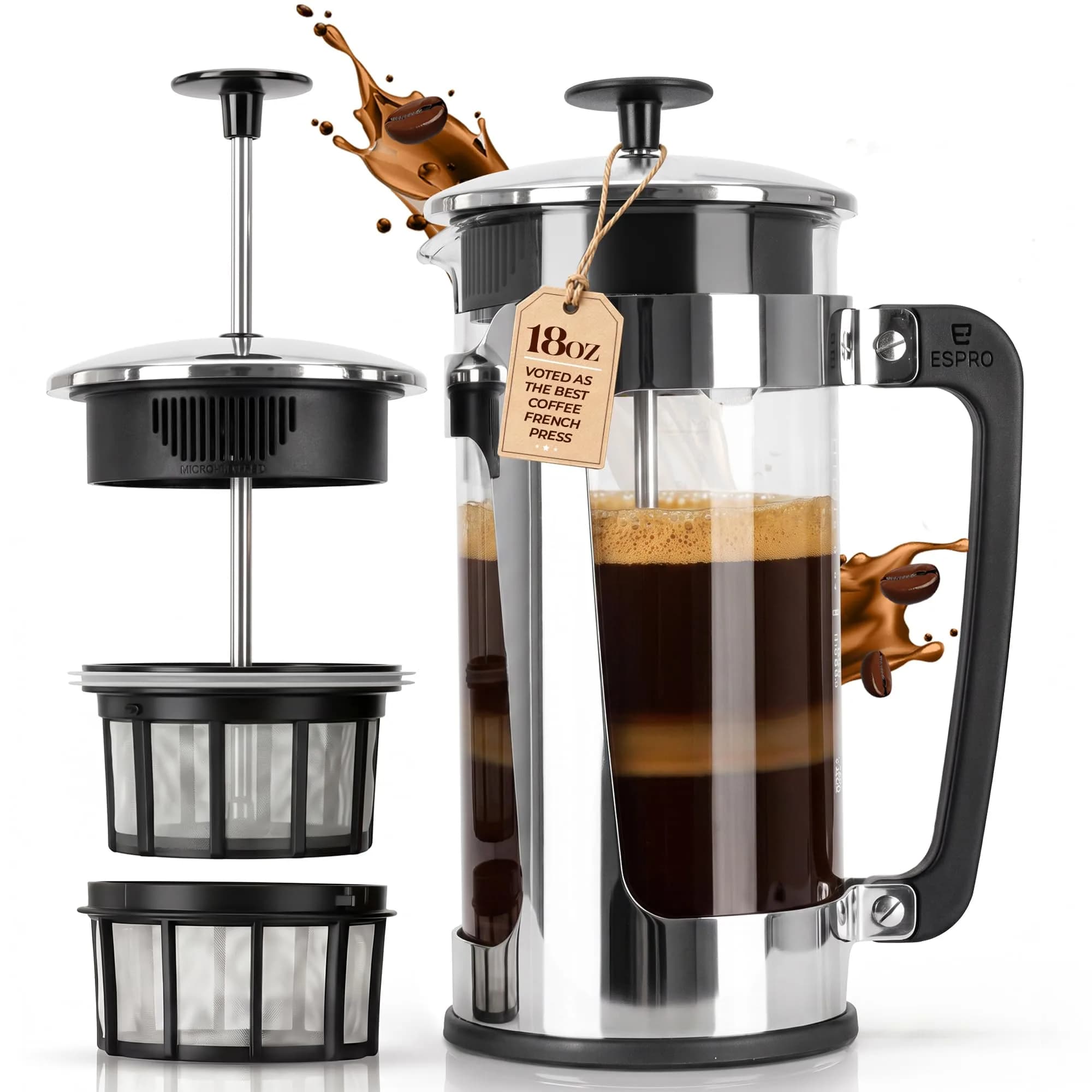 ESPRO P3 French Press Coffee Maker, 946ml (32oz) Black | Grit-Free Coffee & Tea Brewer — Polished Stainless Steel / 18 oz