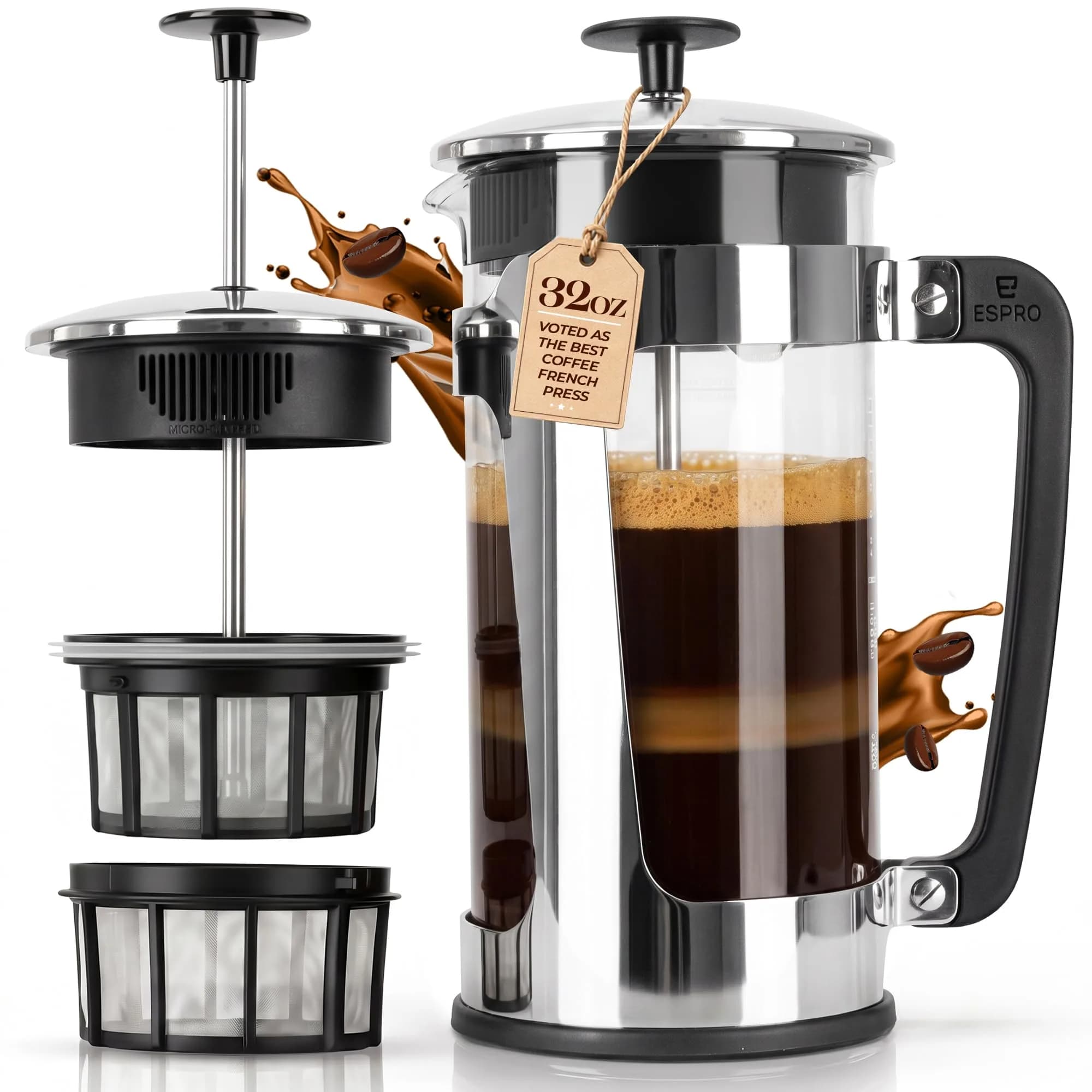 ESPRO P3 French Press Coffee Maker, 946ml (32oz) Black | Grit-Free Coffee & Tea Brewer — Polished Stainless Steel / 32 oz