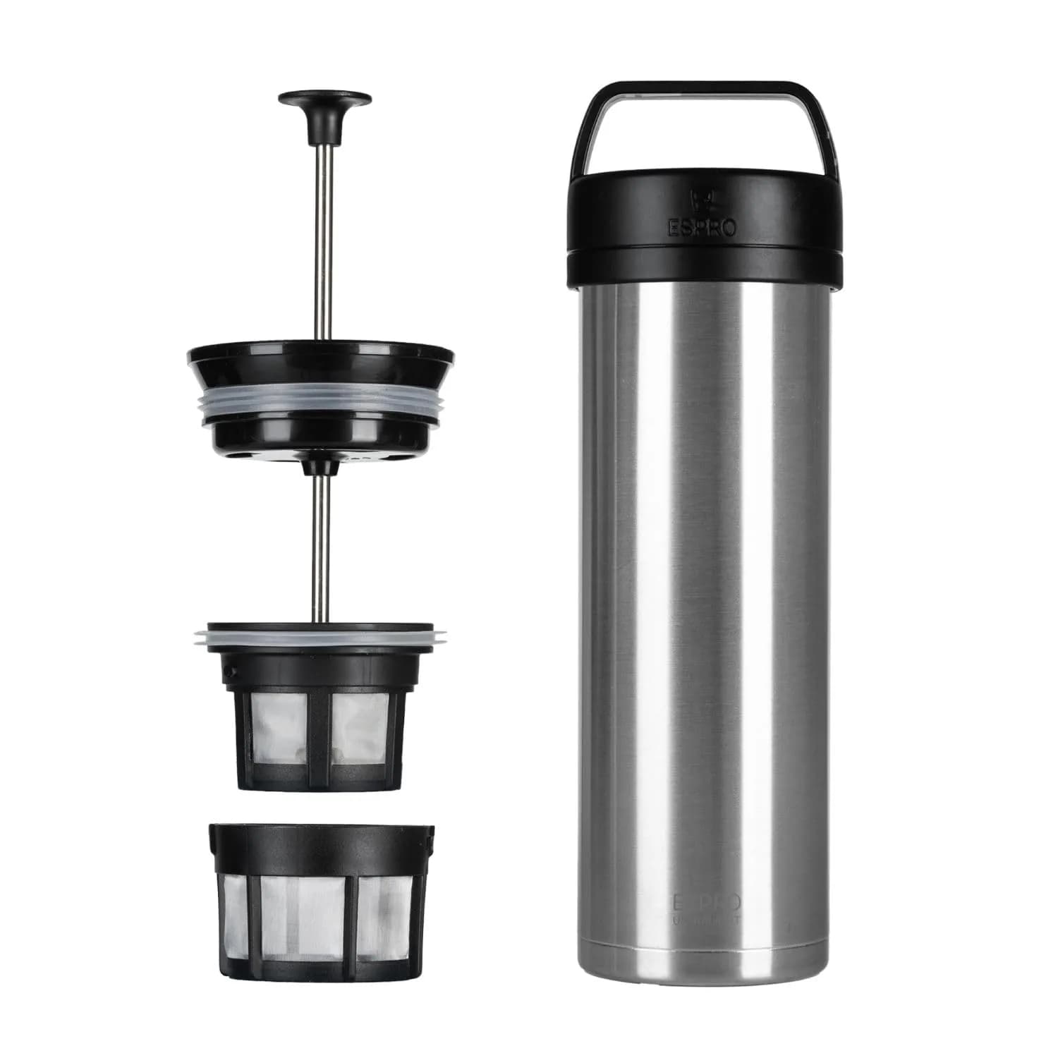 ESPRO P0 Ultralight French Press Coffee Maker for Travel | Vacuum Insulated Stainless Steel, 16 oz, Light Pink — Brushed Stainless Steel