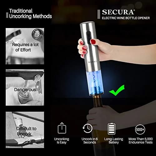 Secura Electric Wine Opener, Automatic Corkscrew, Rechargeable, Stainless Steel | Cordless Bottle Opener with Foil Cutter thumbnail 2