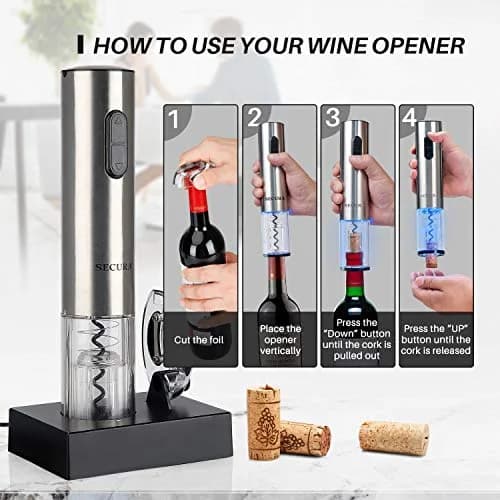 Secura Electric Wine Opener, Automatic Corkscrew, Rechargeable, Stainless Steel | Cordless Bottle Opener with Foil Cutter thumbnail 3