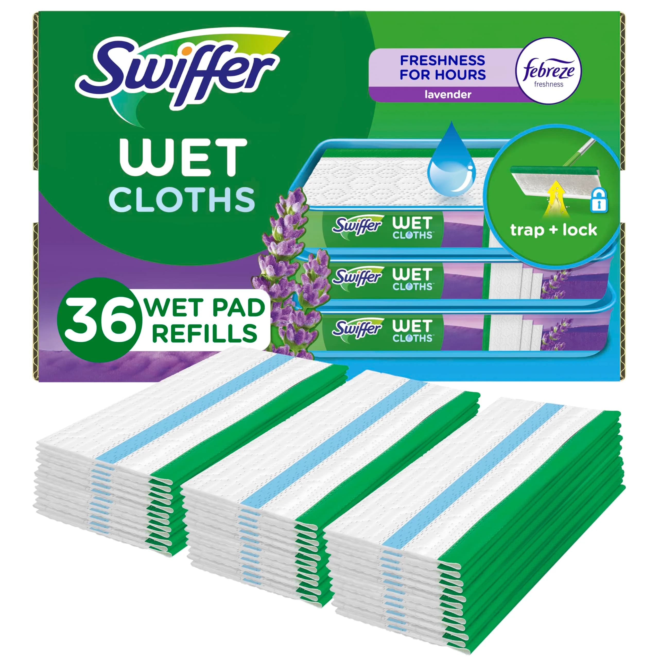 Swiffer Sweeper Wet Mopping Cloth Multi Surface Refills, Febreze Lavender Scent, 36 Count | Traps & Locks Dirt Deep in Cloth - main product image