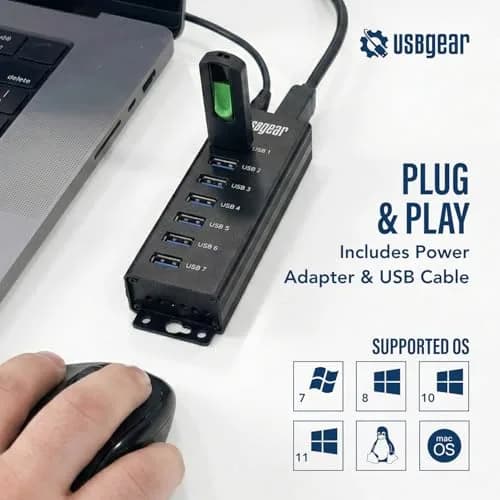 USBGear 7-Port USB 3.2 Gen 1 Hub with 5V/4A Power Adapter | 5Gbps SuperSpeed Data Transfer thumbnail 2