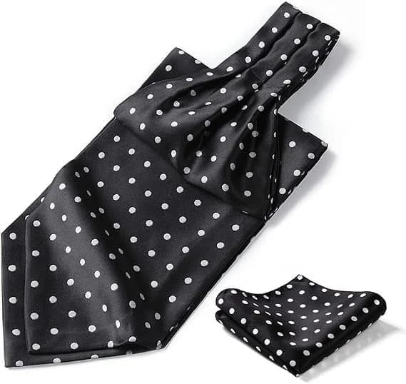 HISDERN Black Polka Dot Ascot Tie and Pocket Square Set 126cm (49.6") | Jacquard Woven Silk Blend for Men