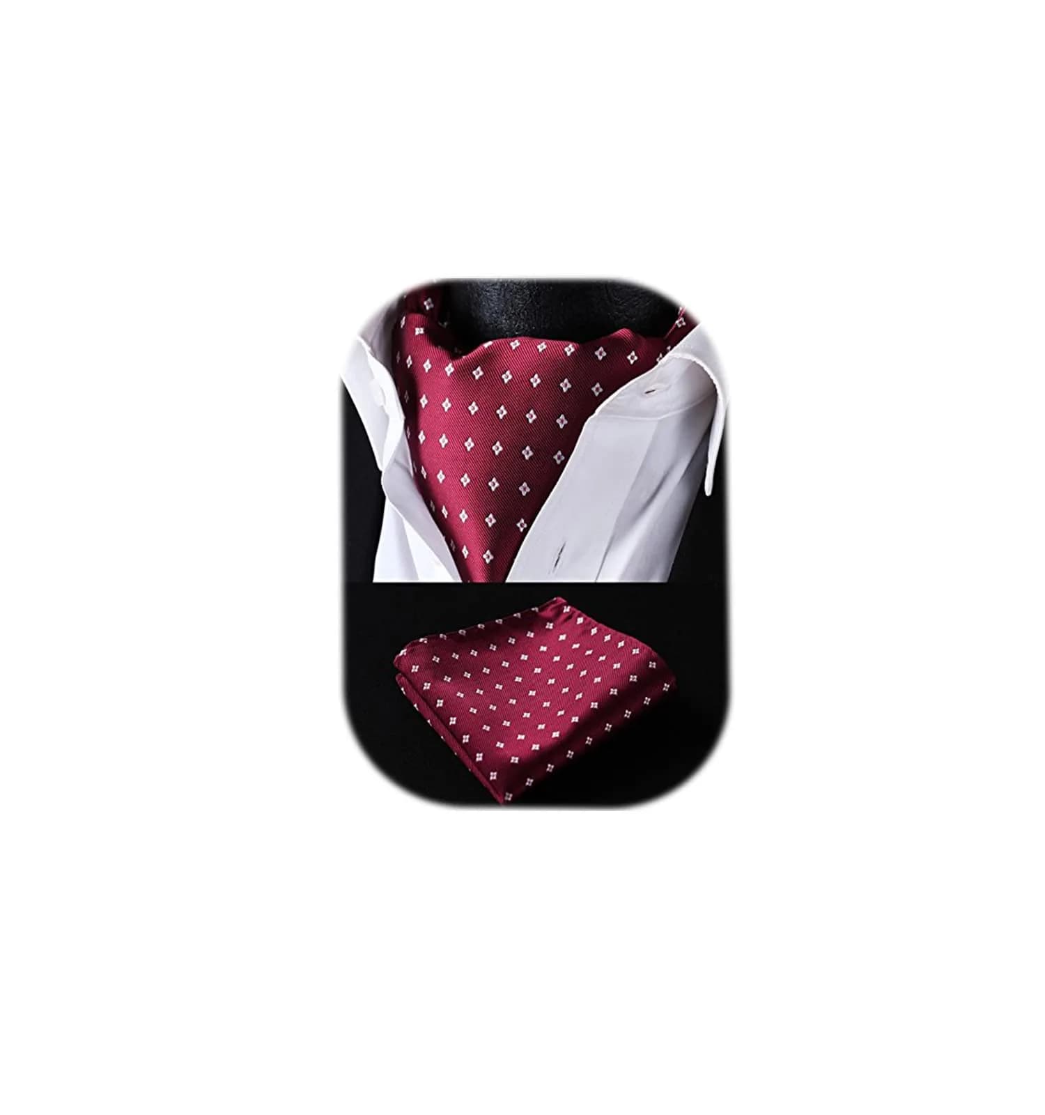 HISDERN Men's Cravat Ascot Tie & Pocket Square Set Burgundy Polka Dot 126cm (49.6") | Jacquard Woven Silk Blend