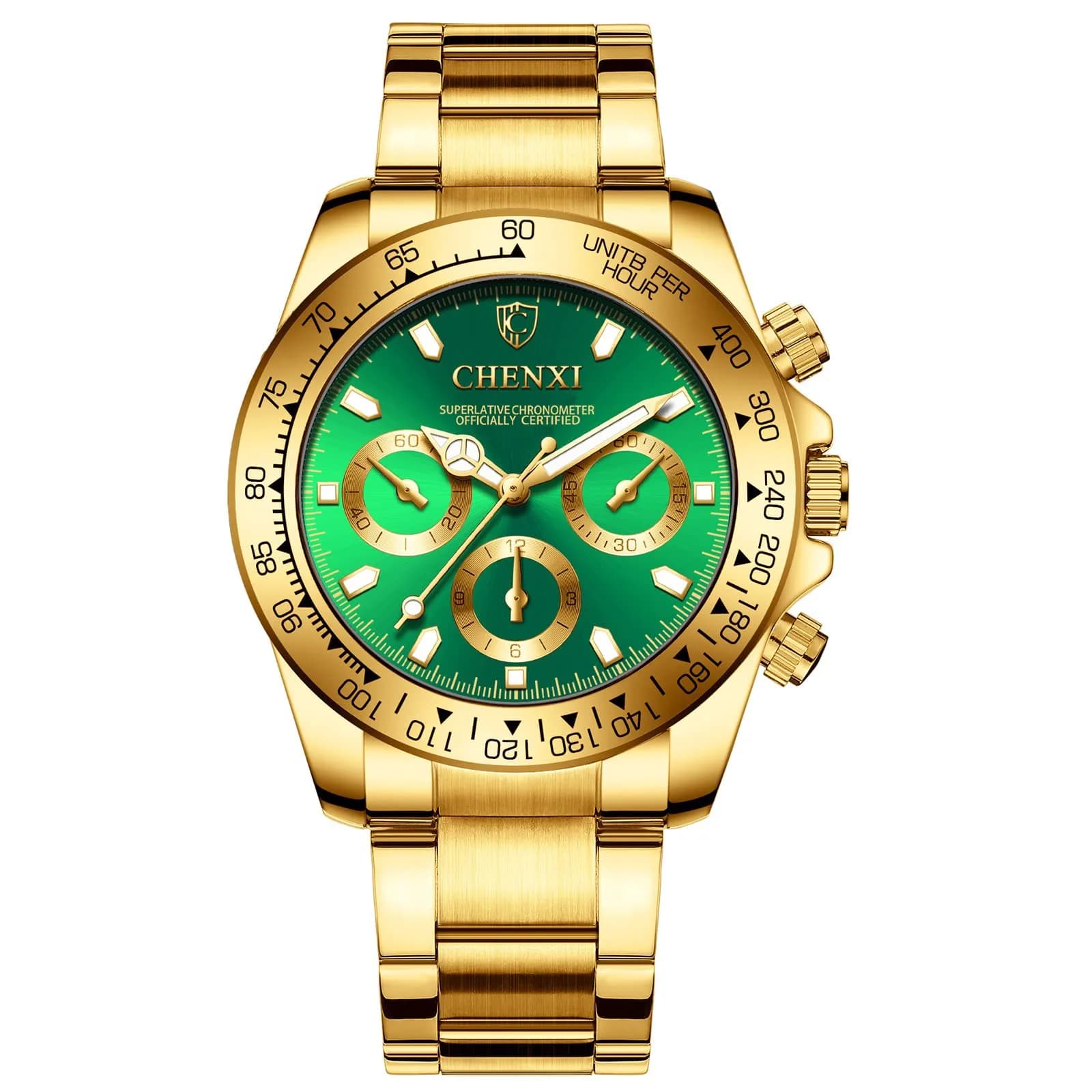 DREAMING Q&P Gold Men's Luxury Green Face Stainless Steel Watch for Men | Classic Business Style