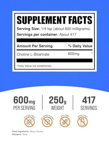 BulkSupplements Choline Bitartrate Powder 250g (8.8 oz) | Supports Overall Health & Cognitive Function thumbnail 2