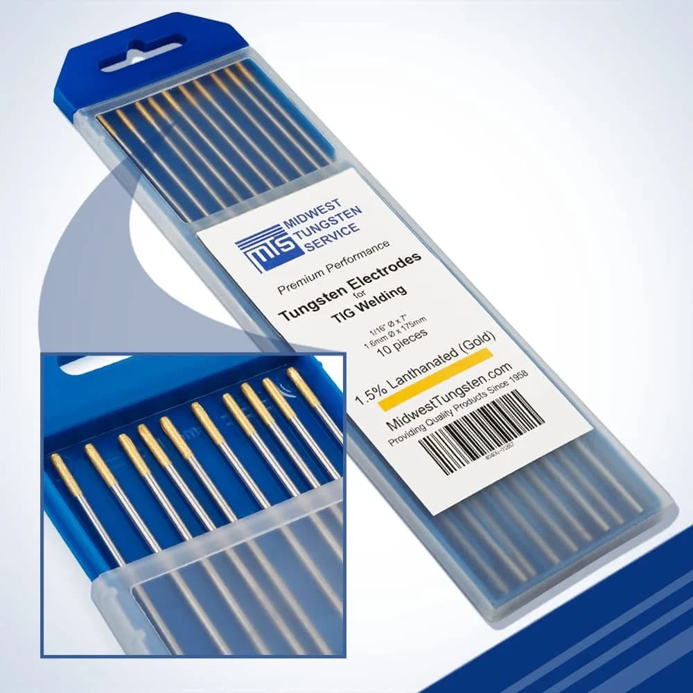 Midwest Tungsten Service Red 0.040" TIG Tungsten Electrodes 10-Pack | Reliable Arc-Striking for DC Welding — Gold - 1.5% Lanthanated / 1/16"