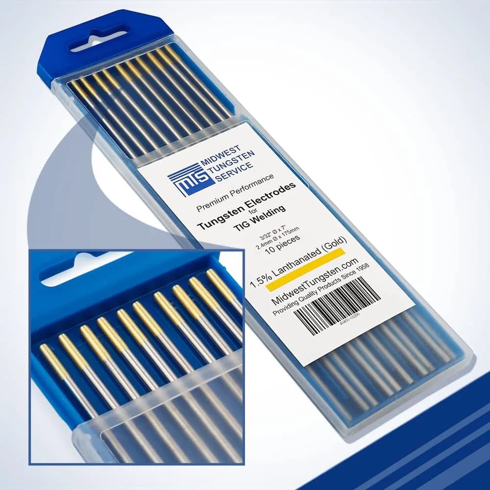 Midwest Tungsten Service Red 0.040" TIG Tungsten Electrodes 10-Pack | Reliable Arc-Striking for DC Welding — Gold - 1.5% Lanthanated / 3/32"