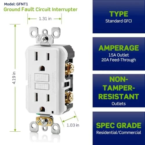 Leviton GFCI Outlet 15 Amp Self Test Non Tamper-Resistant GFNT1-GY Gray | Safety First Electrical Outlet thumbnail 3