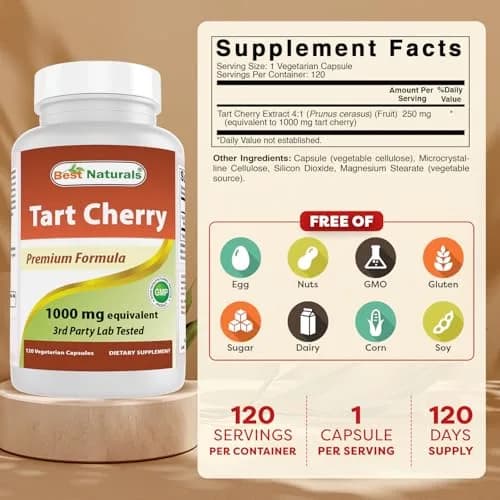 Best Naturals Tart Cherry Extract 1000 mg Non-GMO Veggie Capsules | Promotes Healthy Sleep Cycle & Joint Function thumbnail 2