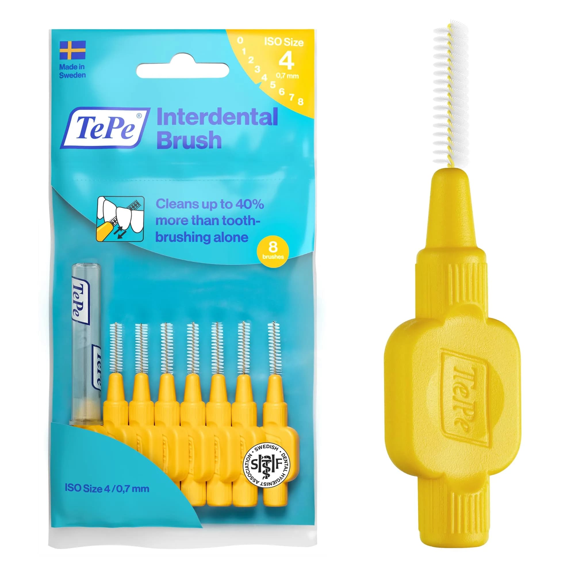 TePe Original Interdental Brush Yellow 0.7mm (Size 4) | 8 Count Pack with Plastic-Coated Wire for Gentle Cleaning - main product image