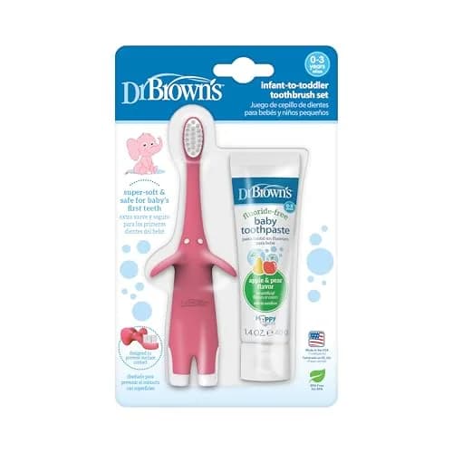 Dr. Brown's Infant-to-Toddler Toothbrush and Toothpaste Set, Pink Elephant, 2 Count (Pack of 1) | BPA-Free & Fluoride-Free Oral Care thumbnail 1