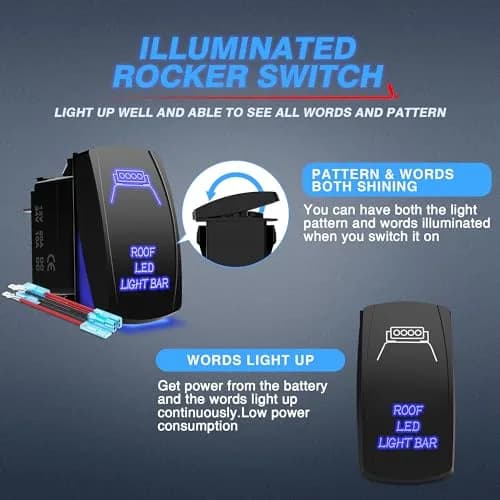 MICTUNING Blue 5-Pin Rocker Switch 20A 12V | SPST On-Off with Jumper Wires & LED Illumination thumbnail 2