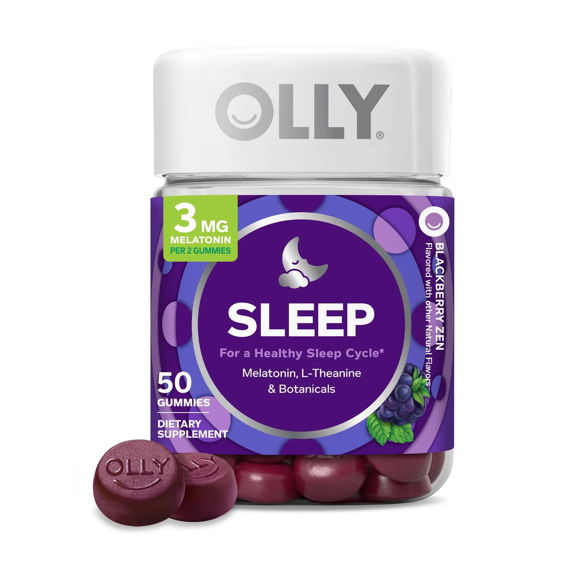 OLLY Sleep Gummies for Adults, 50 Count | Blackberry Zen, 3mg Melatonin, L-Theanine, Gluten Free