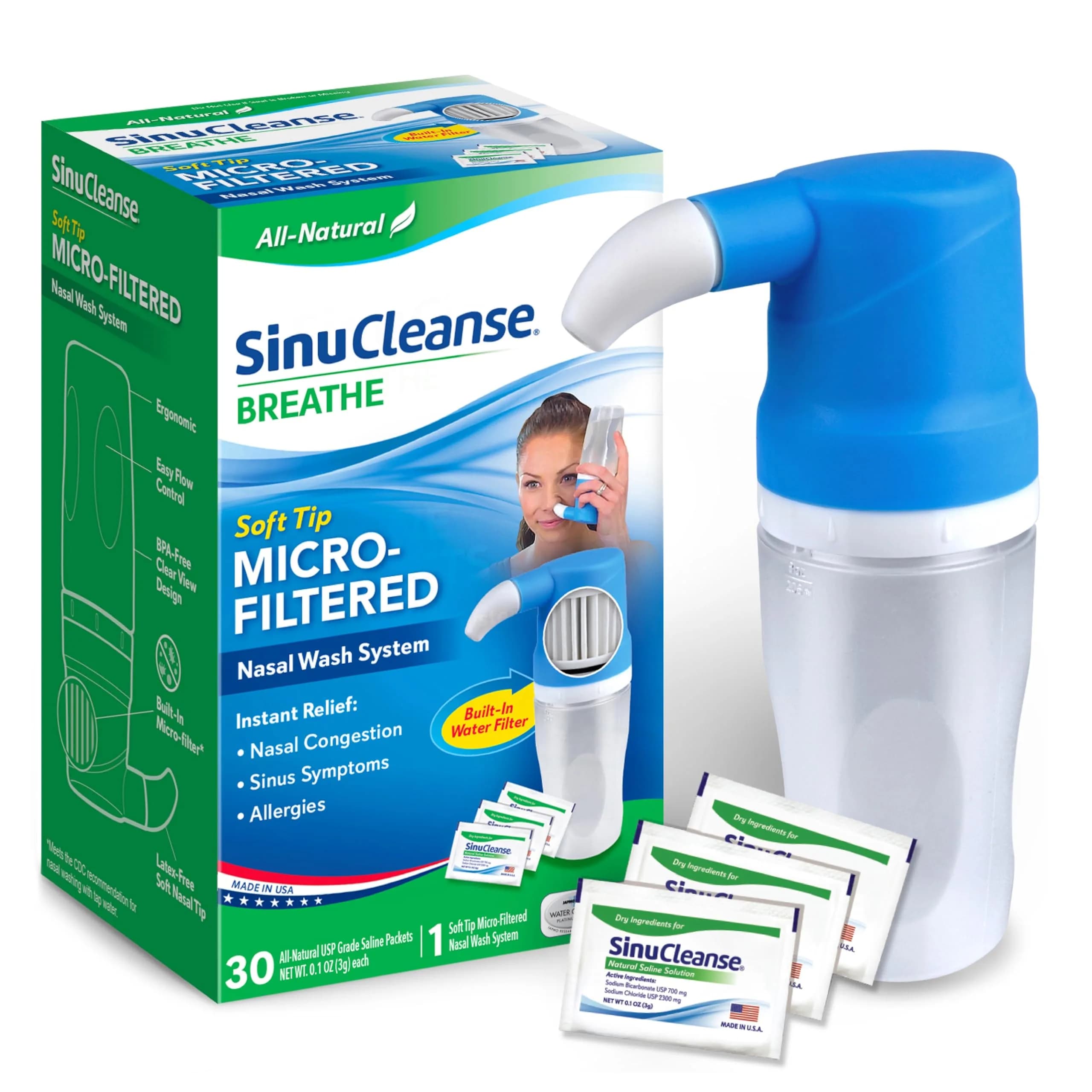 SinuCleanse 100 Pre-Mixed Saline Packets for Sinus Rinse Systems | All-Natural, Pharmaceutical Grade & PH Balanced Saline Packets for Neti Pots & Nasal Wash Systems, Made in USA — Micro-Filtered Squeeze Bottle